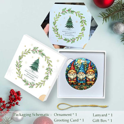 Christmas Gnome Ornament Round Ceramic Stained Glass Style Ornament Xmas Keepsake for Christmas Tree Winter Holiday Xmas Gift for Women Men Xmas Hanging Ornament 3"