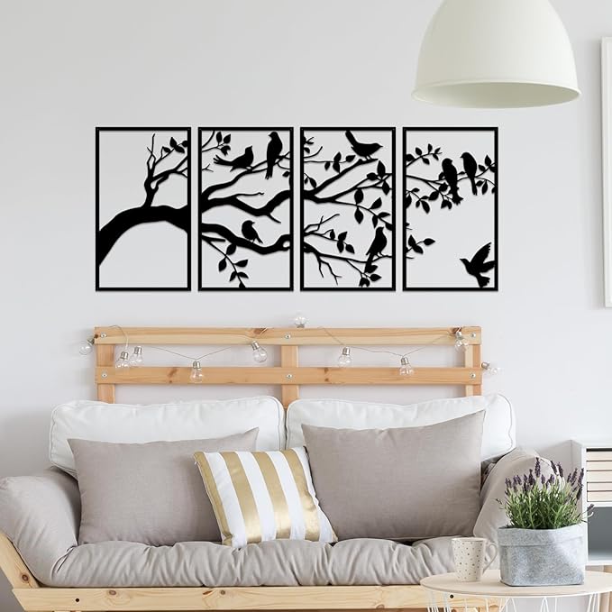 ruelen Wall Decor 4 Pieces Large Metal Birds and Branch Wall Art, Tree of Life Metal Wall Art, Black Leaves with Birds Silhouette Hanging Wall Sculpture For Indoor Home Bedroom Living Room Outdoor