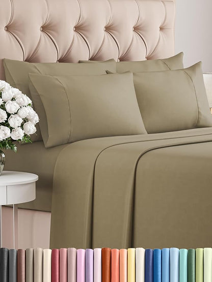 CGK Linens Queen 6 Piece Sheet Set - Cooling Sheets for Hot Sleepers - Hotel Luxury Bedding Set with 8-16 Inch Deep Pockets - 1 Flat & 1 Fitted & 4 Pillowcases - Soft, Easy Care & Wrinkle Free - Khaki