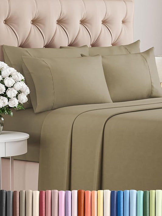 CGK Linens Queen 6 Piece Sheet Set - Cooling Sheets for Hot Sleepers - Hotel Luxury Bedding Set with 8-16 Inch Deep Pockets - 1 Flat & 1 Fitted & 4 Pillowcases - Soft, Easy Care & Wrinkle Free - Khaki
