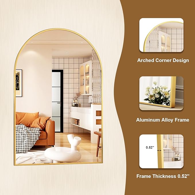 HARRITPURE 24"x36" Arched Bathroom Mirror - Wall Mounted Mirror - Gold Arch Mirror - Aluminum Alloy Frame Bathroom Mirror Living Room, Bedroom, Bathroom and Entryway