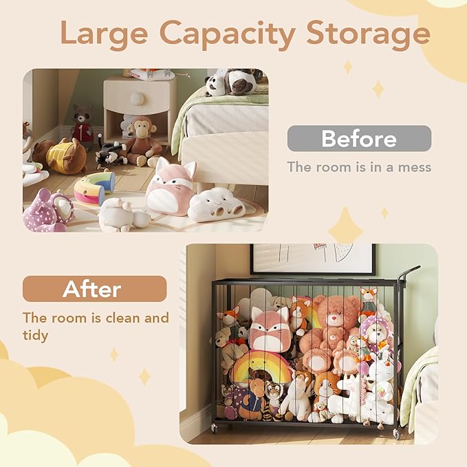 BBLIKE Stuffed Animal Storage Tower Rolling Cart - Zoo Cage Organizer for Kids' Plush Toys - Extra Large Storage Holder for Stuffy, Plushies & More in Playroom or Bedroom, 214L, Black