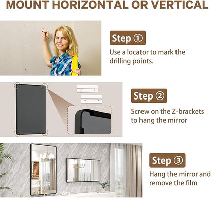 New Upgrade 55X30 Inch Wall Mounted Bathroom Mirror, Black Metal Frame Rounded Rectangle Mirror, Bathroom Vanity Mirror with Tempered Glass for Washroom Bedroom Living Room