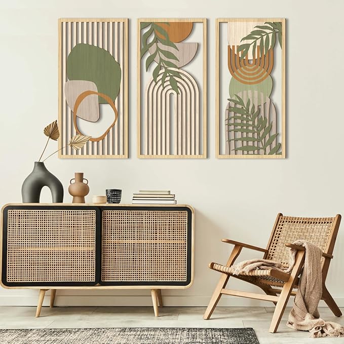 IARTTOP Large Sage Green Abstract Boho Wall Art Set Of 3 Geometric Wood Wall Art Mid Century Modern Artwork Neutral Bohemian Wall Decor for Living Room Bedroom Office-16 x 32 Inch