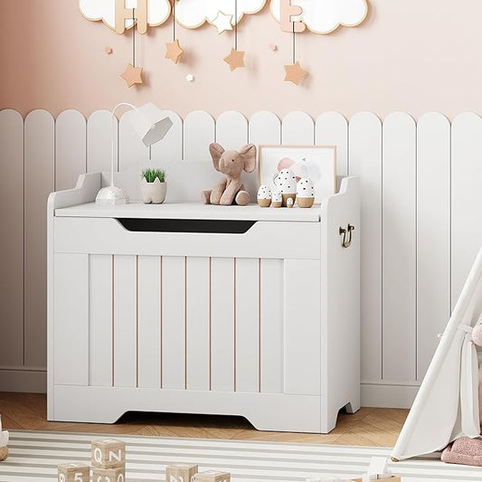 IDEALHOUSE Storage Chest, 24.8" Toy Chest for Boys Girls, Kids Wood Large Toy Box, Storage Bench with Safety Hinge,Storage Trunk for Entryway, Living Room, Bedroom, Playroom, White