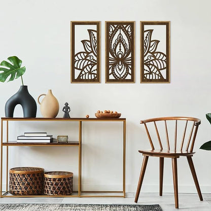 HPNIUB 3PCS Lotus Flower Wall Decor, Mandala Carved Wood Sign for Yoga Room, Spiritual Meditation Wooden Hanging Plaque Home Decor for Living Room Office Bathroom Decoration(8x16Inch)