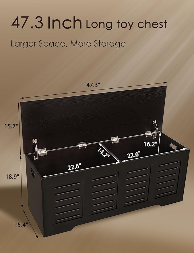 DINZI LVJ Storage Chest, 47.3” Wooden Toy Box with 2 Safety Hinges, Retro Entryway Shoe Storage Bench with Flip-Top, Sturdy Large Storage Trunk for Living Room, Bedroom, Easy Assembly, Espresso