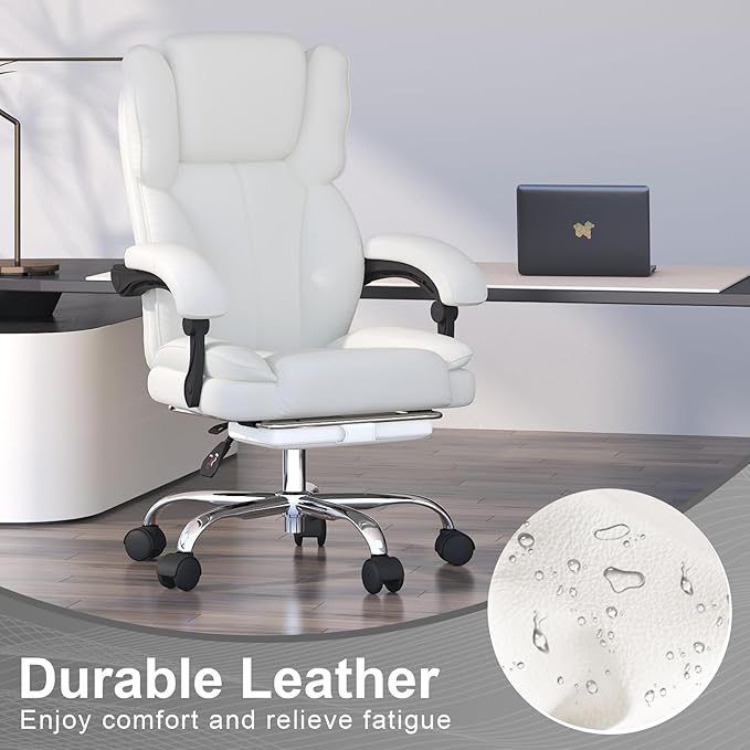 Big and Tall Office Chair, Ergonomic Leather High Back Executive Computer Chair with Retractable Footrest, Adjustable Headrest, Padded Arms, 360°Swivel Free, 90-135°Reclining, 500lbs Wide Seat, White