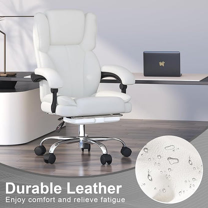 Big and Tall Office Chair, Ergonomic Leather High Back Executive Computer Chair with Retractable Footrest, Adjustable Headrest, Padded Arms, 360°Swivel Free, 90-135°Reclining, 500lbs Wide Seat, White