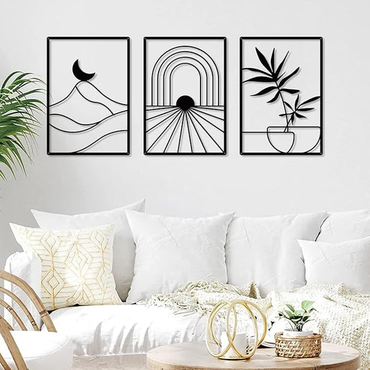 Sokurdeg Black Minimalist Metal Wall Decor, Bohemian Line Wall Decor, Modern Abstract Wall Art for Bedroom Bathroom Living Room (3 Pack, 12 x 17 in)