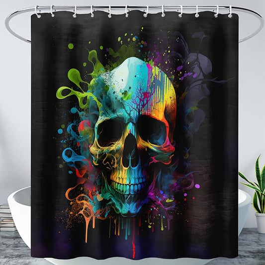 AILONEN Sugar Skull Shower Curtain for Bathroom,Watercolor Skull Bath Curtain Decoration,Minimalism Tie Dye Skeleton Print Waterproof Black Curtain with 12 Plastic Hooks, 36" W*72" H