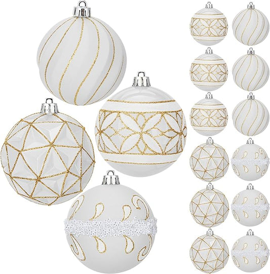 12pcs White Christmas Ornaments Balls 3.14 inch Glitter Hanging Christmas Tree Ornaments Set for Christmas Decorations Hand Painted Shatterproof Christmas Baubles for Xmas Holiday Party Decor