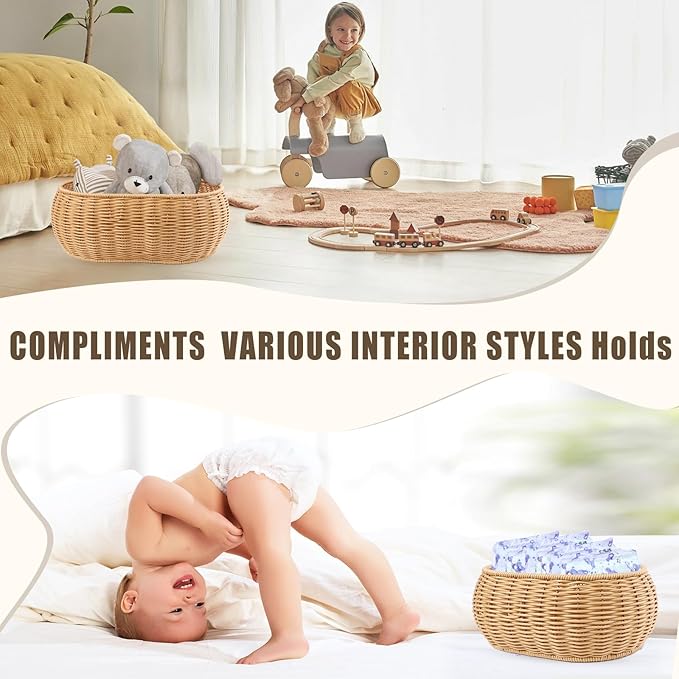 3 Pcs Scalloped Basket With Lid, Hand Woven Plastic Wicker Basket Set, 16 x 12 x 6 In Decorative Scalloped Edge Basket for Storage Food, Clothes, Toys, Picnic Table Bathroom Decor (S+M+L)