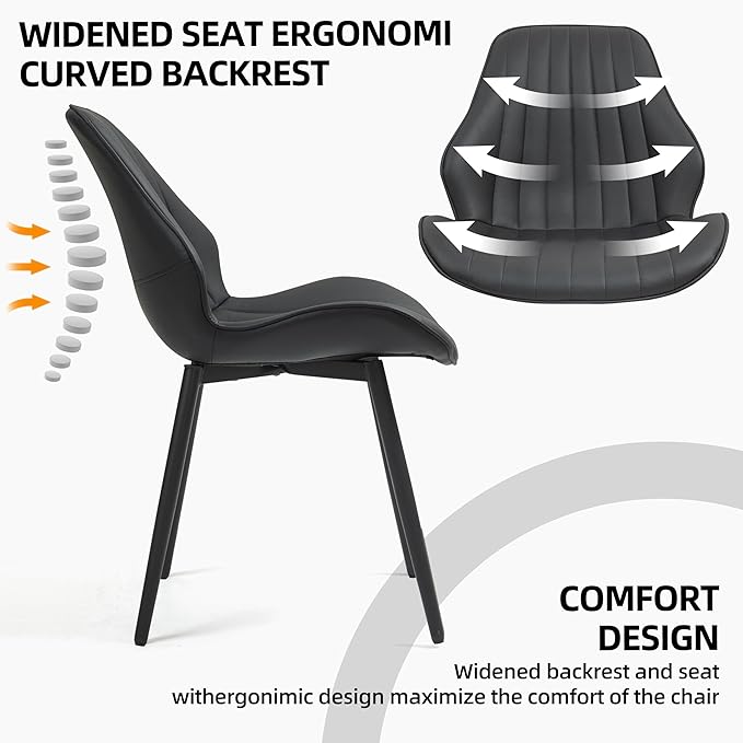 Finnhomy Dining Chairs Set of 2, Mid-Century Modern Upholstered Dining Chairs, Armless Faux Leather Accent Chairs with Backrest, Living Dining Room Chairs with Metal Legs for Dining Room, Black