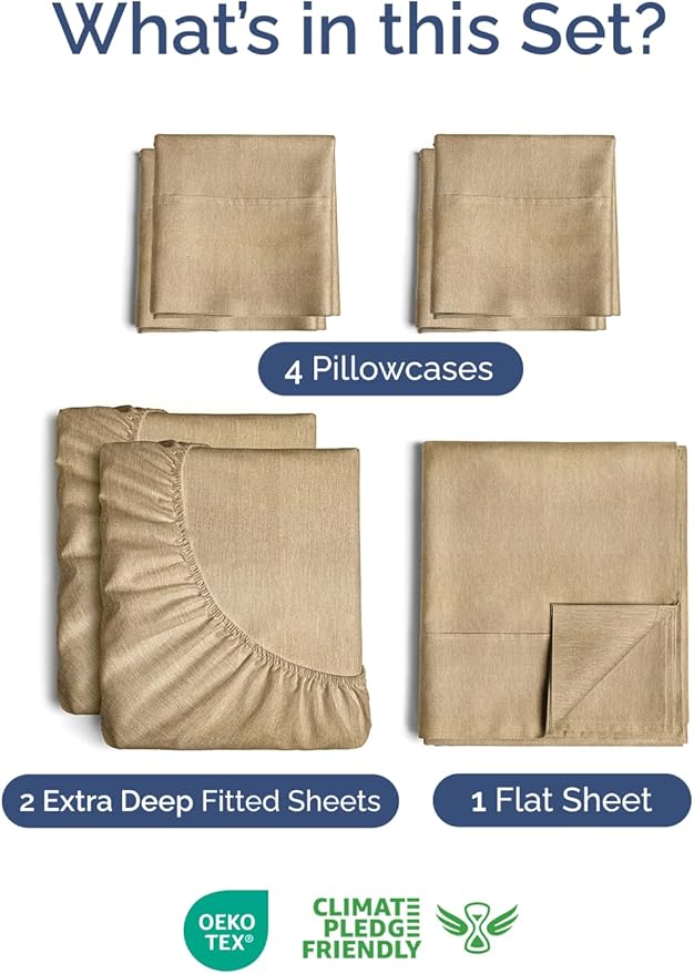 Extra Deep Split King Sheet Set - 7 Piece Breathable & Cooling Sheets - Hotel Luxury Bed Sheets Set - Easy Fit - Soft, Wrinkle Free & Comfy Sheets Set - Heathered Tan Sheet Set w/Extra Deep Pockets