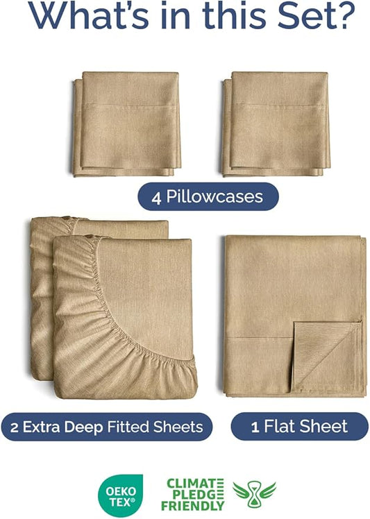 Extra Deep Split King Sheet Set - 7 Piece Breathable & Cooling Sheets - Hotel Luxury Bed Sheets Set - Easy Fit - Soft, Wrinkle Free & Comfy Sheets Set - Heathered Tan Sheet Set w/Extra Deep Pockets