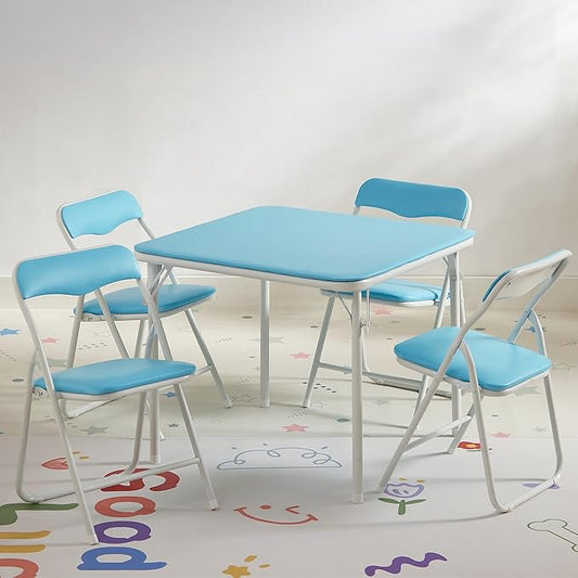 VECELO Folding Activity Table and Chairs 5 Pcs, Portable, with Ultra Soft PU Padded Cushion, 5 Piece Set, Blue