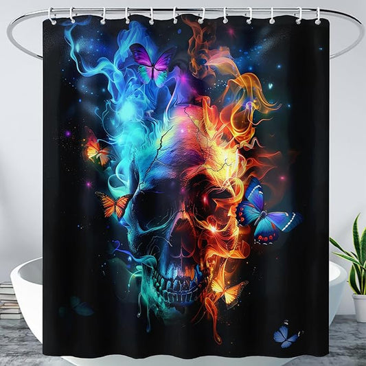 AILONEN Sugar Skull Shower Curtain for Bathroom,Blue and Red Smoky Skull Bath Curtain Decoration,Starry Butterfly Skull Skeleton Print Waterproof Shower Curtain with 12 Plastic Hooks, 36" W*72" H