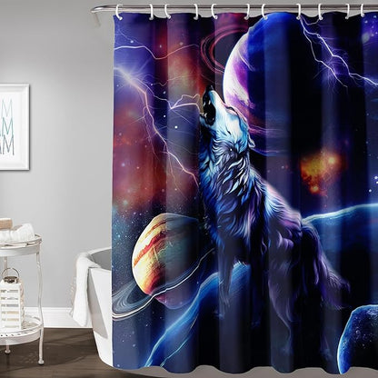 AILONEN Howling Wolf Shower Curtain,Lightning Planet Wolf Bath Curtain for Kids Boys Girls,Wildlife Animal Polyester Waterproof for Shower with 12 Plastic Hooks 72" W*78" H