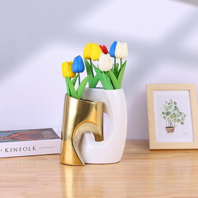 White and Gold Vase Set of 2, Nordic Modern Ins Style Vases, Boho Ceramic Vases for Centerpieces, Mid Century Abstract Donut Vase, Unique Funky Vase for Wedding, Decorative Pampas Grass Vase Decor