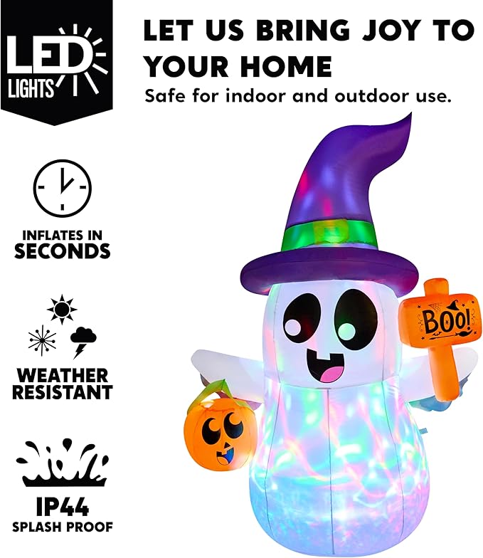 Joiedomi 5 FT Halloween Inflatables Ghost Outdoor Decorations, Blow Up Cute Wizard Ghost with Pumpkin, Blow Up Yard Decoration with Rotating Colorful LED for Halloween Lawn Garden Party Decor