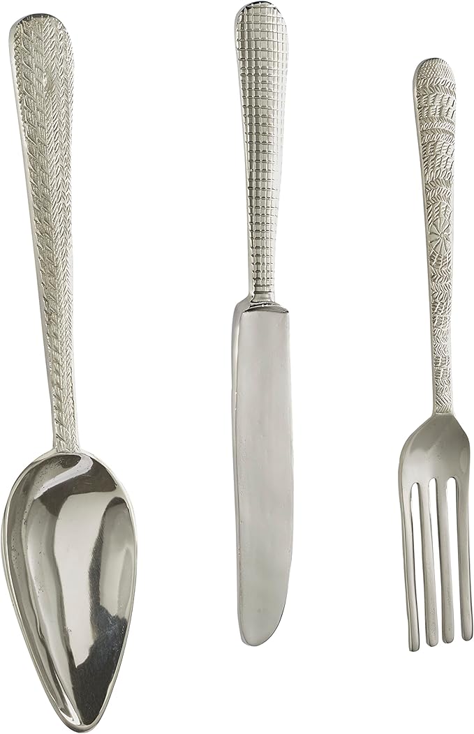 Deco 79 Aluminum Metal Utensils Home Wall Decor Knife, Spoon and Fork Wall Sculpture, Set of 3 Wall Art 23", 23", 23" H, Silver