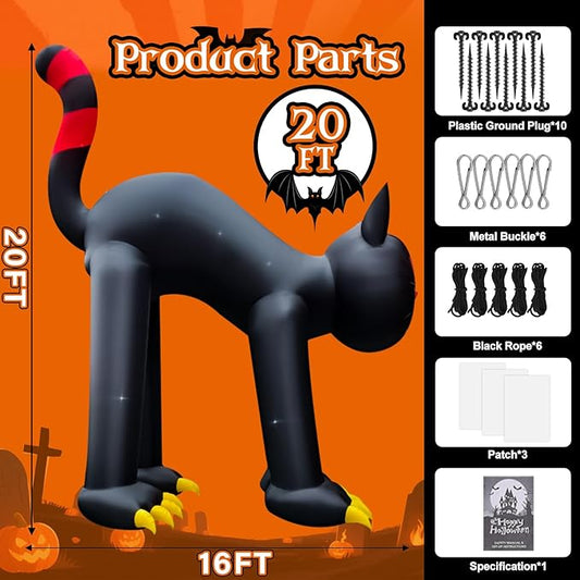 Kalolary 20FT Halloween Inflatable Outdoor Decorations, Giant Evil Black Cat Blow Up Yard Decorations with Built-in LED Lights Scary Inflatable for Halloween Party Yard Garden Lawn Outdoor Decor