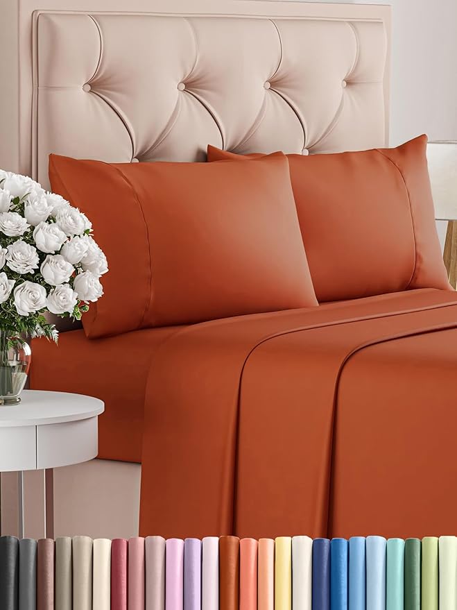 CGK Linens Twin 4 Piece Sheet Set - Cooling Sheets for Hot Sleepers - Hotel Luxury Bedding Set with 8-16 Inch Deep Pockets - 1 Flat & 1 Fitted & 2 Pillowcases - Soft, Comfy & Wrinkle Free - Terracotta