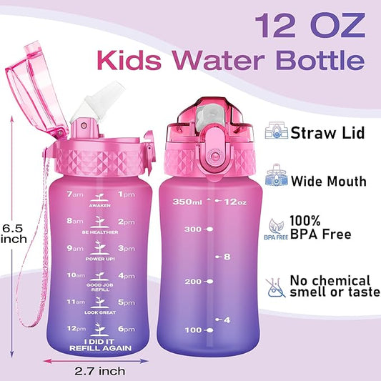 OLDLEY Kids Water Bottle for School, 12 oz (Straw Lid) BPA-Free Reusable Leak-proof Durable Tritan Plastic Water Bottles with One-handed Opening Straw Lids, Anti-dust Spout Cover (Rosepurple)