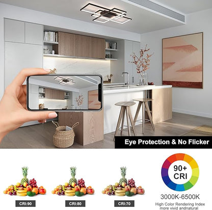 GEADI Modern Large Led Ceiling Light for Living Room,35.4" Black Dimmable Ceiling Lights for Bedroom with Remote Control,3 Rectangular Light Fixtures for Kitchen Dining Room Office, 3000-6500K