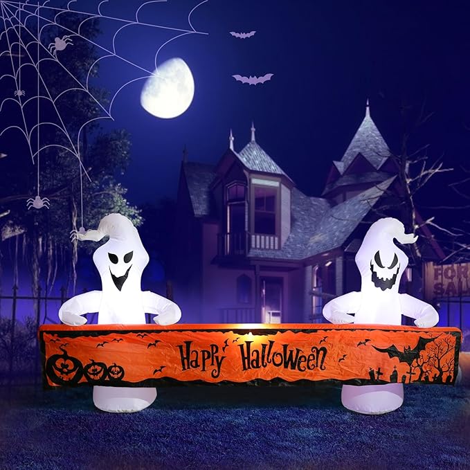 MUMTOP 8 Ft Long Inflatable Outdoor Halloween Decoration, Inflatables Ghost with Happy Halloween Decorations Blow Up with Built-in LED Lights for Yard Party Holiday Garden Decor
