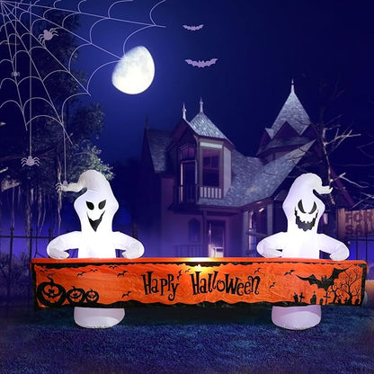 MUMTOP 8 Ft Long Inflatable Outdoor Halloween Decoration, Inflatables Ghost with Happy Halloween Decorations Blow Up with Built-in LED Lights for Yard Party Holiday Garden Decor
