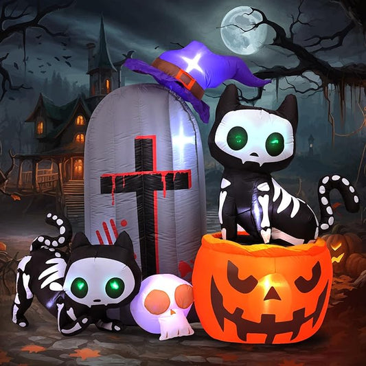 Max Fun 6FT Halloween Inflatables Skeleton Cat Pumpkin with LED Build-in Yard Decoration Blow Up Inflatables for Outdoor Indoor Garden Lawn