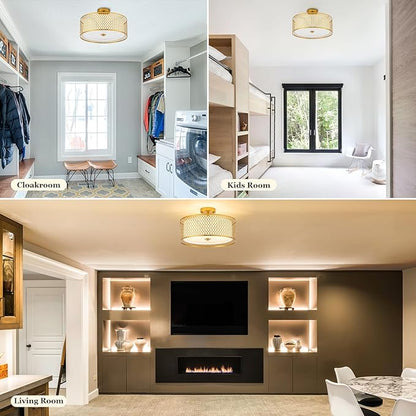 17" Semi Flush Mount Ceiling Light Fixture, 3-Light Gold Light Fixture, Close to Ceiling Light Fixture with White Fabric Lampshade and Gloden Iron Mesh Cage for Dining Room Living Room Bedroom