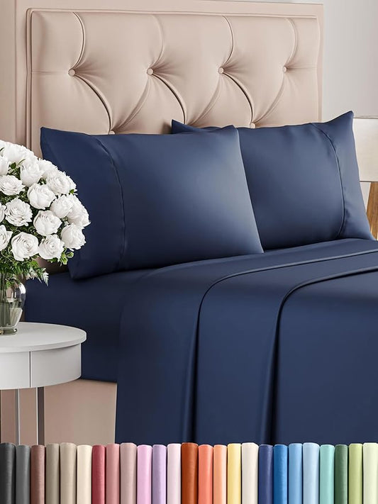 CGK Linens Twin 4 Piece Sheet Set - Cooling Sheets for Hot Sleepers - Hotel Luxury Bedding Set with 8-16 Inch Deep Pockets - 1 Flat & 1 Fitted & 2 Pillowcases - Soft, Comfy & Wrinkle Free - Navy Blue