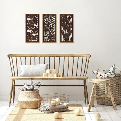 HPNIUB 3PCS Tropical Wall Decor, Rustic Palm Leaf Wooden Sign for Bathroom, Vintage Leaf Plant Hanging Wood Plaque Wall Art Nature Picture for Home Office Living Room Decoration(8x16Inch)