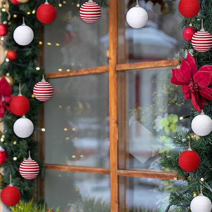Syhood 9 Pcs 2.36 Inch Christmas Ball Ornaments Boho Farmhouse Jute Rope Hanging Balls Burlap Neutral Rustic Ornaments for Xmas Tree Holiday Wreath Garland Wedding Home(Red, White, Red and White)