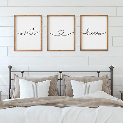 Set of 3 Framed Farmhouse Sweet Dreams Sign 11x14” Above Bed Wall Decor for Bedroom Decor Wall Art Wood Signs (11"x14", Brown)