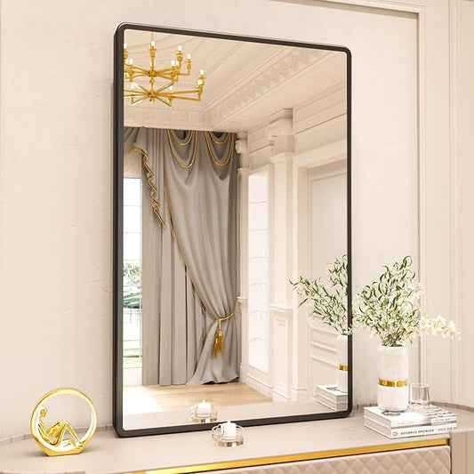 New Upgrade 28X36 Inch Wall Mounted Bathroom Mirror, Black Metal Frame Rounded Rectangle Mirror, Bathroom Vanity Mirror with Tempered Glass for Washroom Bedroom Living Room