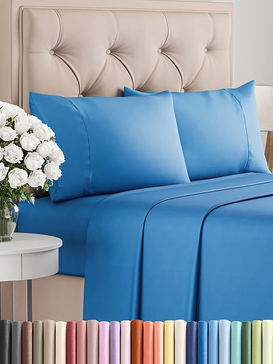 CGK Linens Twin XL 4 Piece Sheet Set - Cooling Sheets for Hot Sleepers - Hotel Luxury Bedding Set with 8-16 Inch Deep Pockets - 1 Flat & 1 Fitted & 2 Pillowcases - Soft and Wrinkle Free - Royal Blue