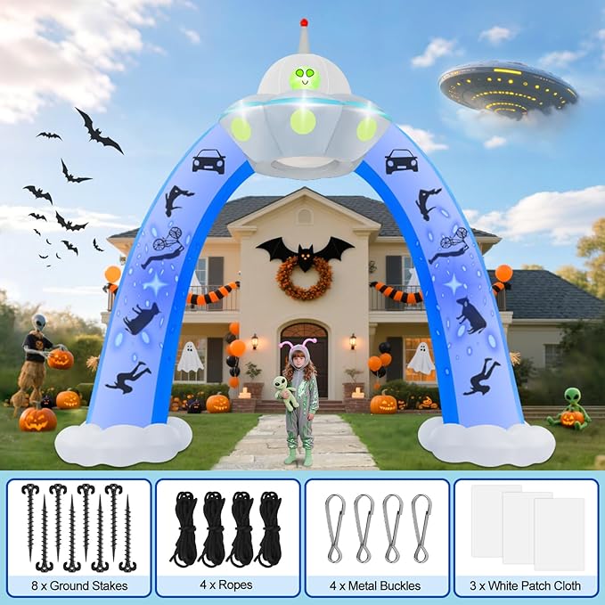 Kalolary 12.5FT Halloween Archway Inflatables, Giant Alien UFO Arch Inflatable with Blue Flashing Lights Scary Halloween Outdoor Blow Up Yard Decoration for Garden Lawn Holiday Party Decors