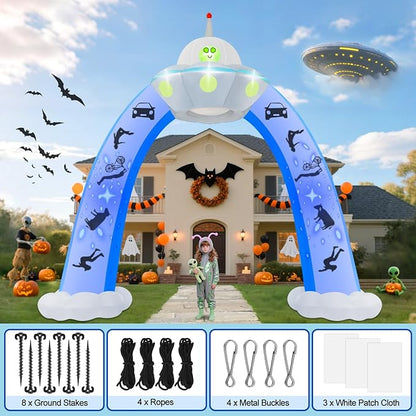 Kalolary 12.5FT Halloween Archway Inflatables, Giant Alien UFO Arch Inflatable with Blue Flashing Lights Scary Halloween Outdoor Blow Up Yard Decoration for Garden Lawn Holiday Party Decors