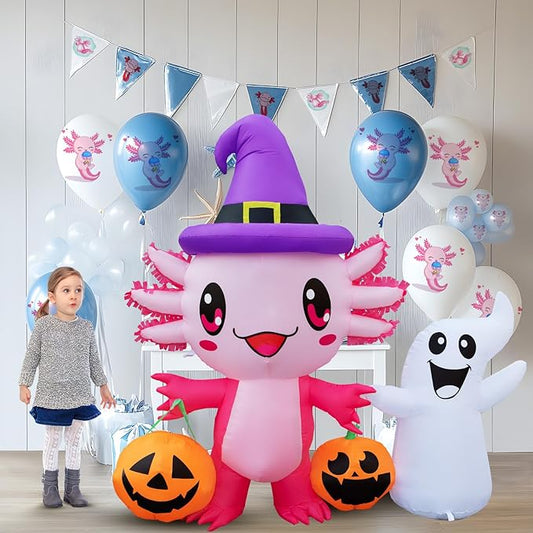 Halloween Inflatable Outdoor Decorations 5.7FT Axolotl Ghost Hold Pumpkin Inflatables Blow Up Yard Decorations with LED Lights Halloween Outside Lawn Party Decor (Axolotl Hold Ghost Inflatables)