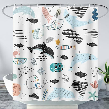 AILONEN Cute Cartoon Dolphin Shower Curtain,Kawaii Ocean Animal Dolphin Bath Curtain Set for Kids Girls Boys,Blue Dolphin Silhouette Fabric Shower Curtains for Bathroom, 36" W*72" H