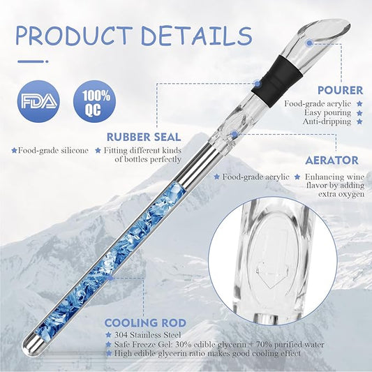 3-in-1 Stainless Steel Wine Chiller Stick, 3 Bottle Stoppers for Free, Wine Bottle Cooler Stick, Rapid Iceless Wine Chilling Rod with Aerator and Pourer, Wine Gift for Wine Lovers.