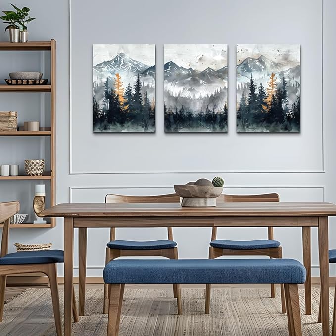 DZRWUBHS Large Canvas Wall Art Prints Modern Wall Decor for Bedroom Wall Art Living Room Office Poster Mountain Landscape Wall Picture Foggy Forest Vintage Paintings Home Decor Ready To Hang 3 Piece