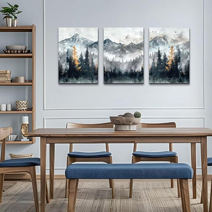 DZRWUBHS Large Canvas Wall Art Prints Modern Wall Decor for Bedroom Wall Art Living Room Office Poster Mountain Landscape Wall Picture Foggy Forest Vintage Paintings Home Decor Ready To Hang 3 Piece
