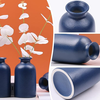 Blue Vase for Decor, Blue Ceramic Bud Vase Set of 6, Modern Boho Small Vases, Table Centerpieces for Dining Room, Home, Office, Shelf Decor