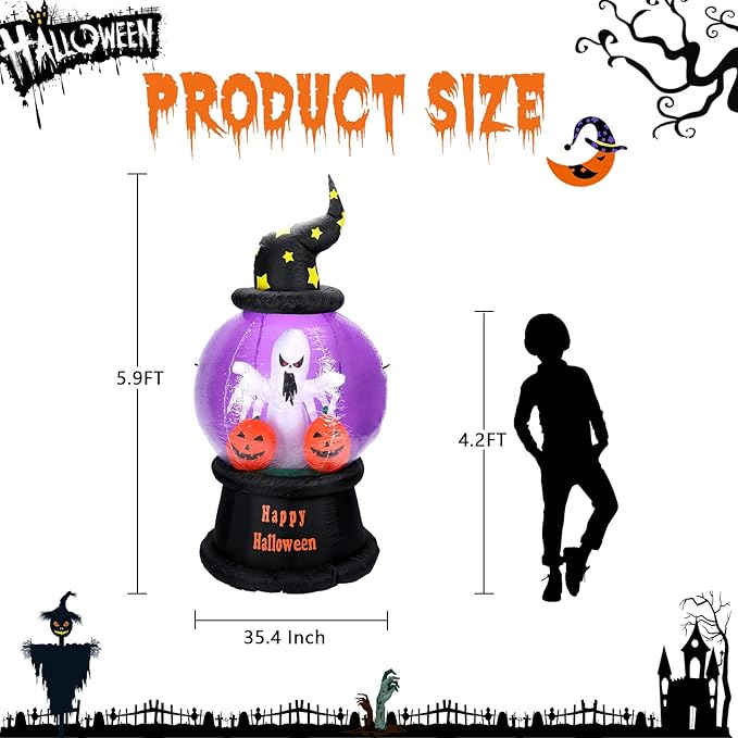 6 FT Tall Halloween inflatables Outdoor Decorations with Crystal Ball Build-in LEDs Blow Up Inflatable for Halloween Party Indoor, Outdoor, Yard, Garden, Lawn Decoration