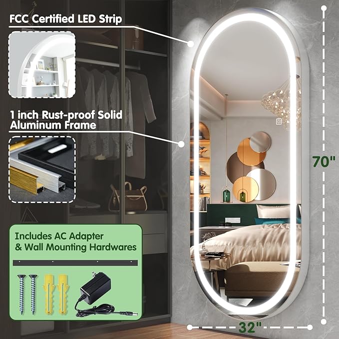 FENNIO 70" x 32" Large Luxury Wall Mounted Mirror with LED Lights - Oval Full Length LED Lighted Full Body Dressing Mirror for Bedroom, Salon, Brushed Aluminum Frame, Tempered Glass